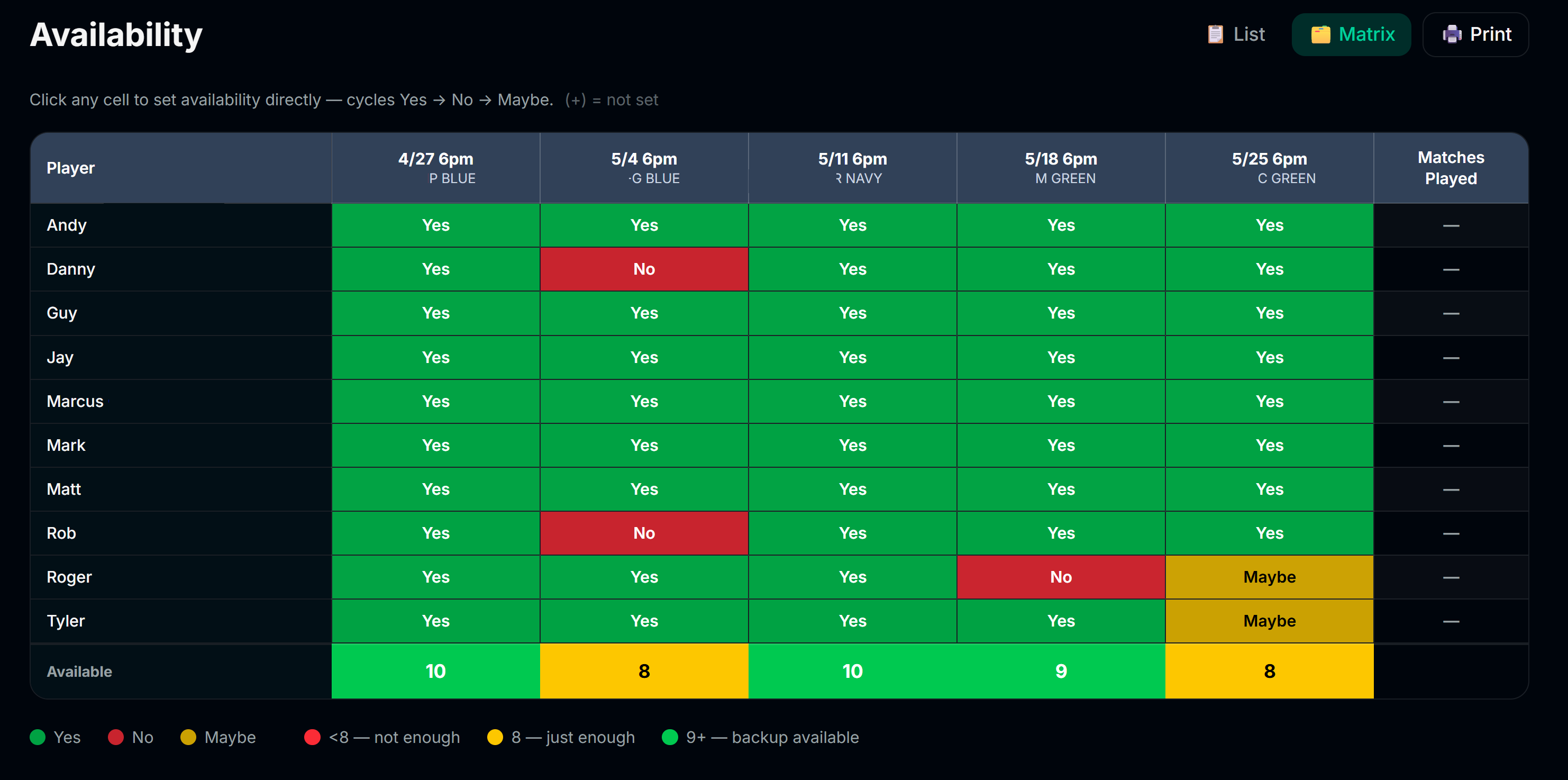 No-login availability response — players tap from email, no account needed