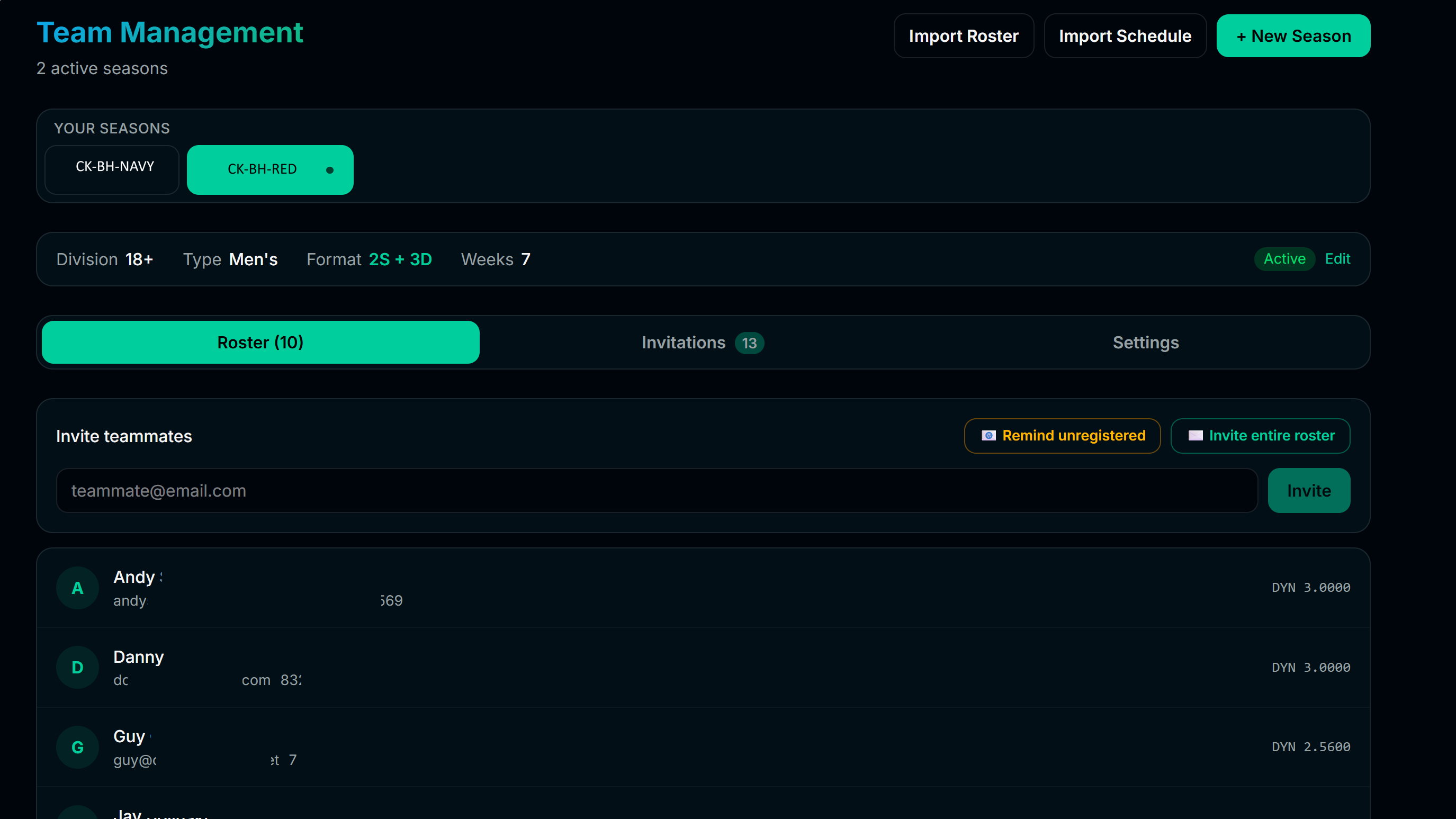 Captain management — team settings, format configuration