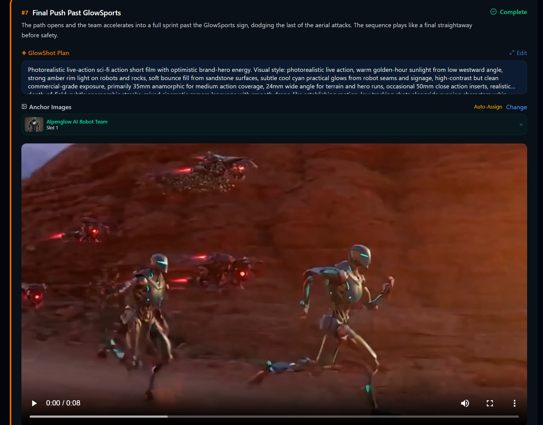 GlowStitch — completed scene with AI-generated video and anchor reference