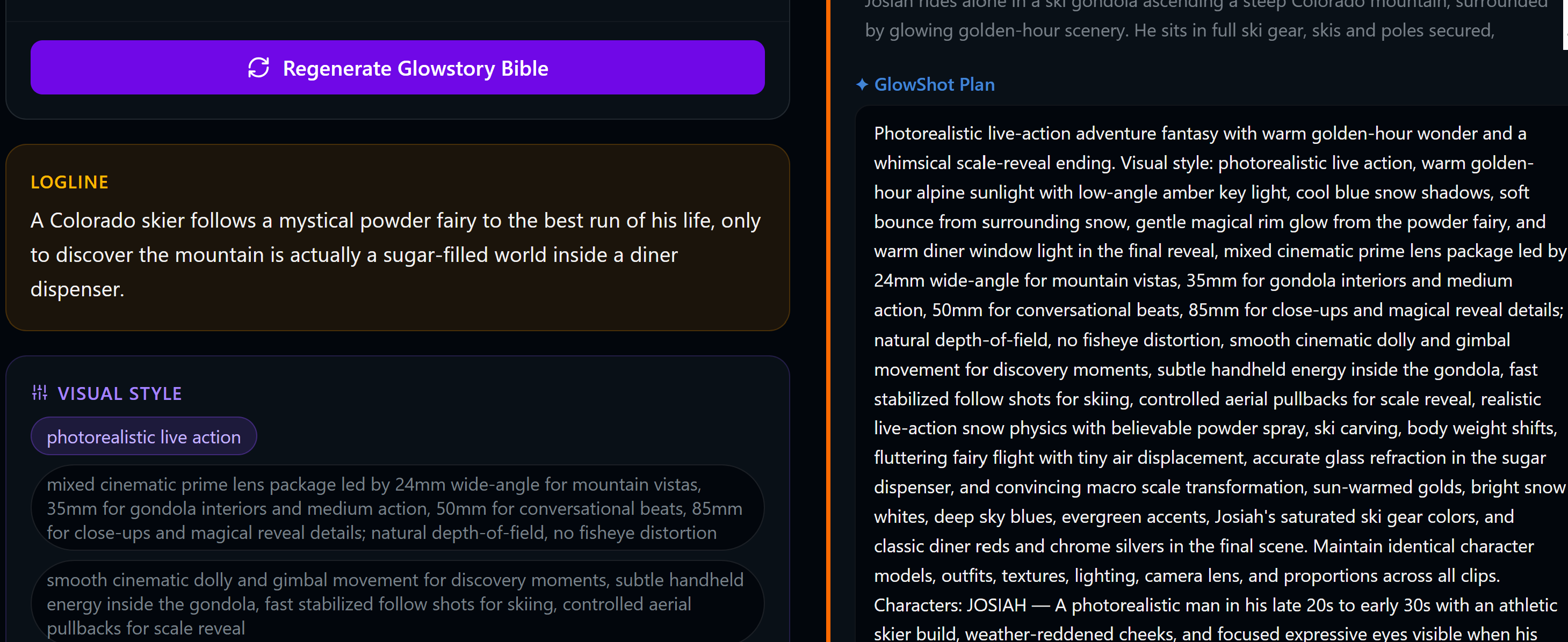 GlowStory Bible — logline, visual style guide, and GlowShot Plan