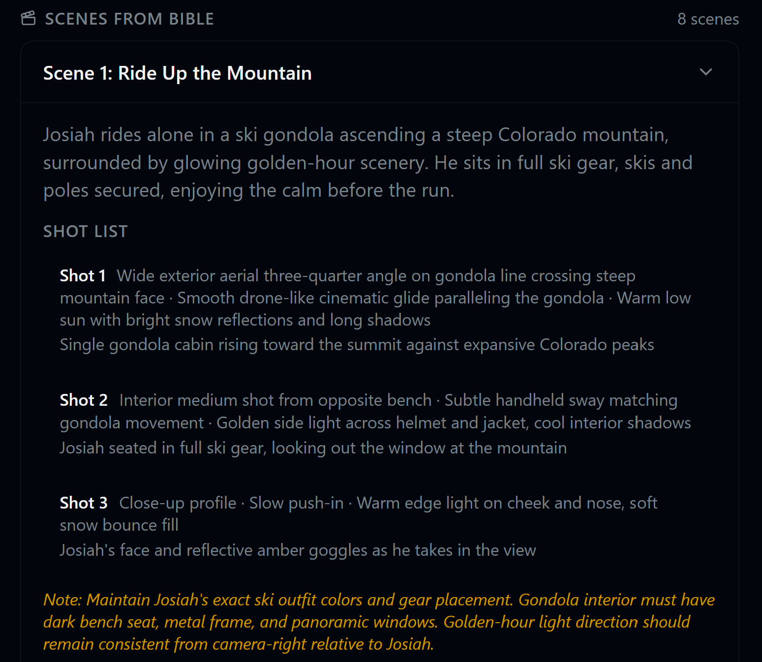 GlowStory Bible — scene list with shot-by-shot camera plans