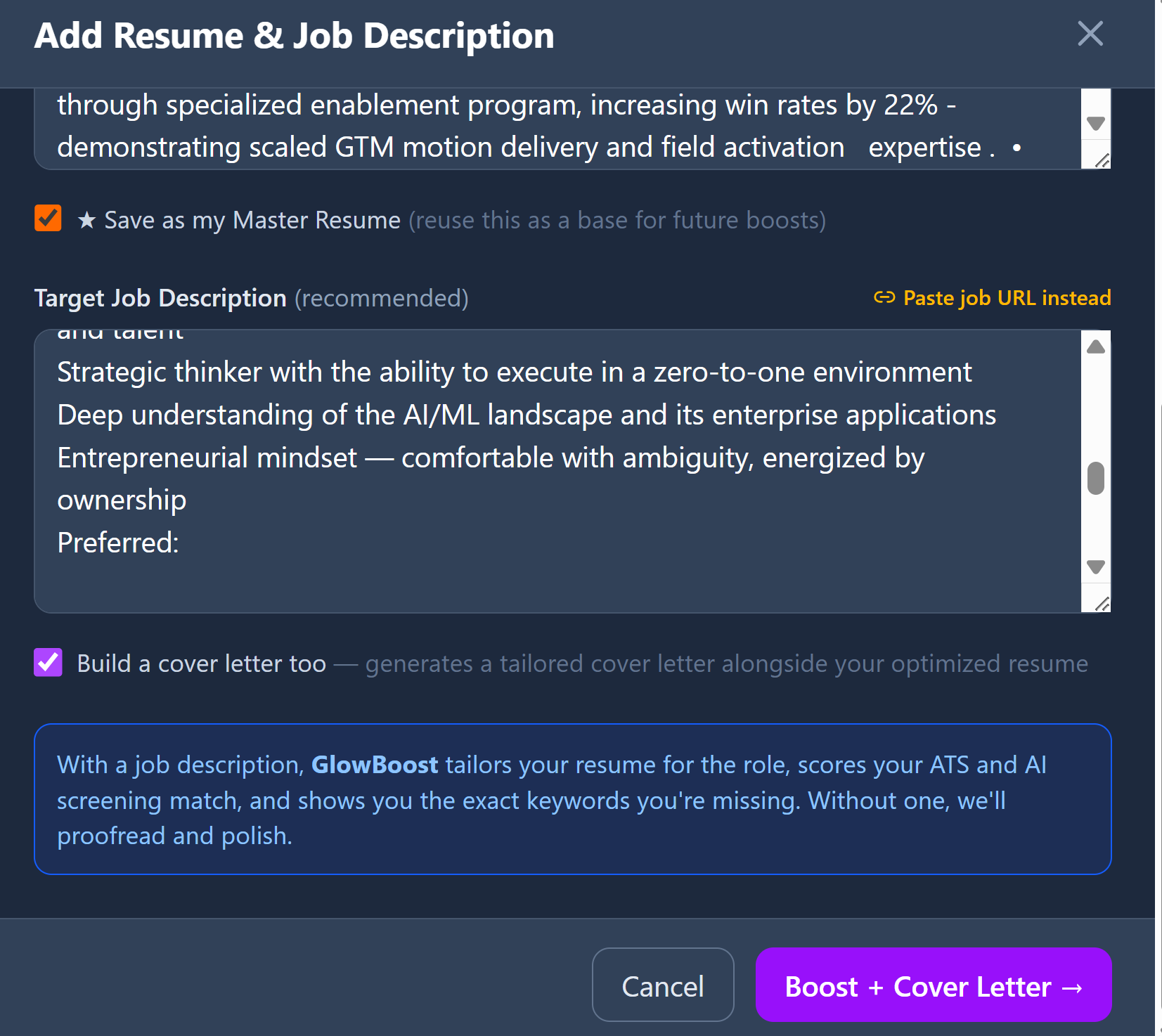 Upload resume and paste job description side-by-side