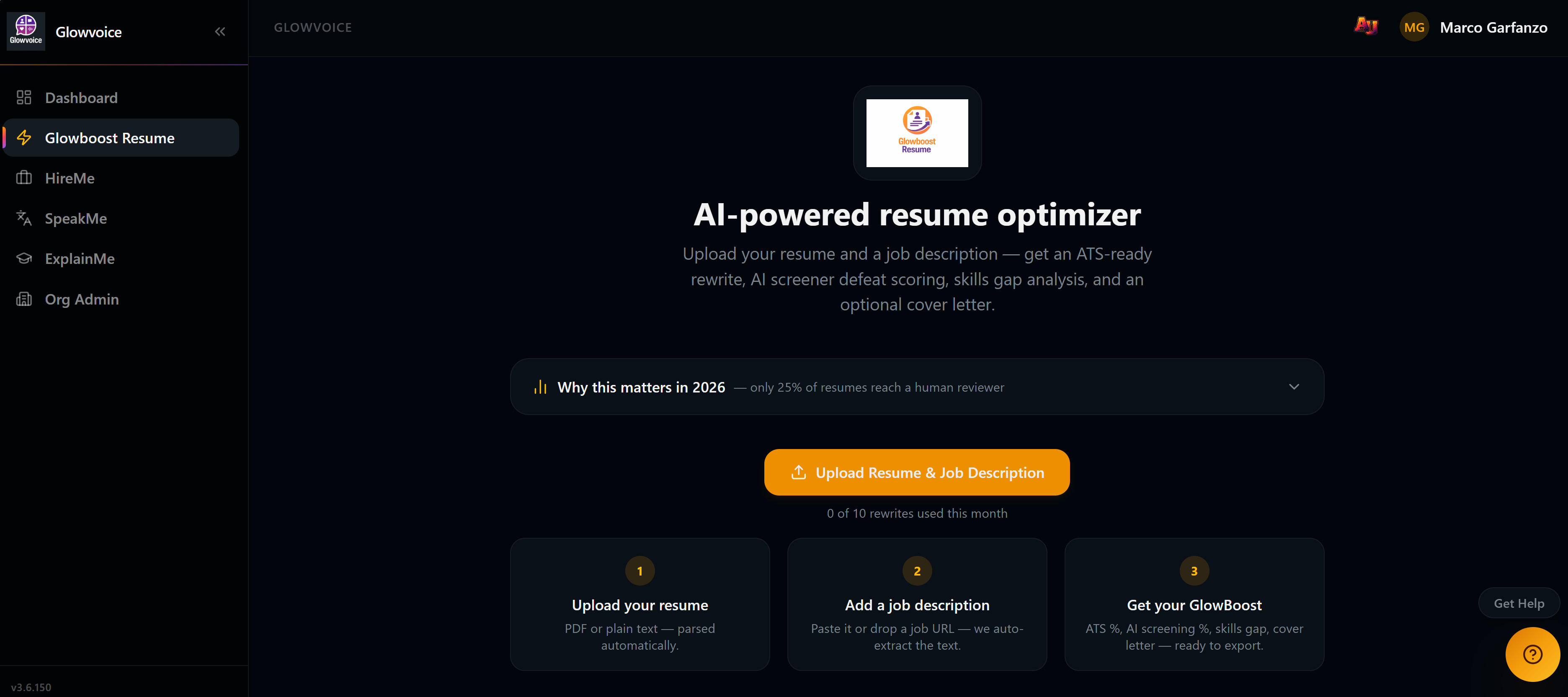 GlowBoost Resume — resume optimizer with ATS and AI screener scoring