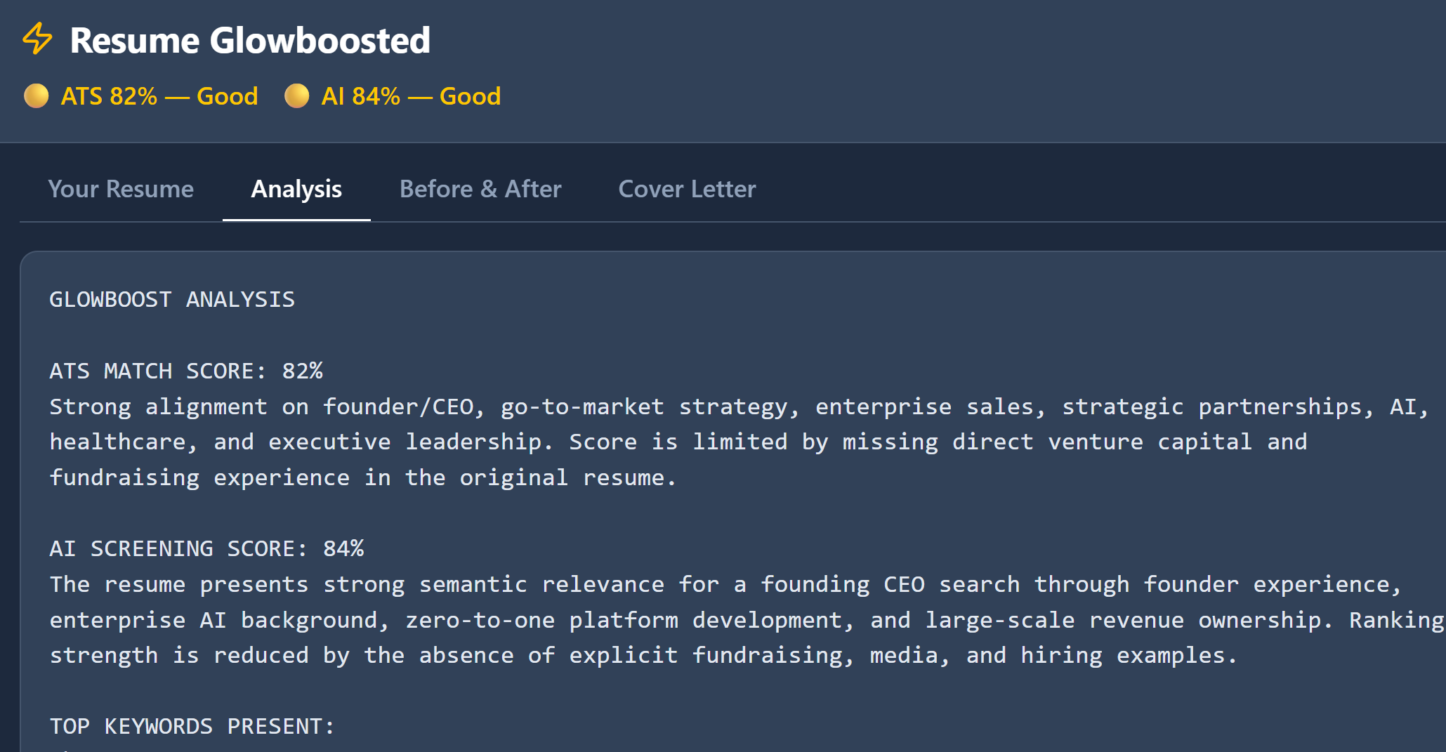 Analysis tab — ATS score, AI screener score, and GlowFit rating