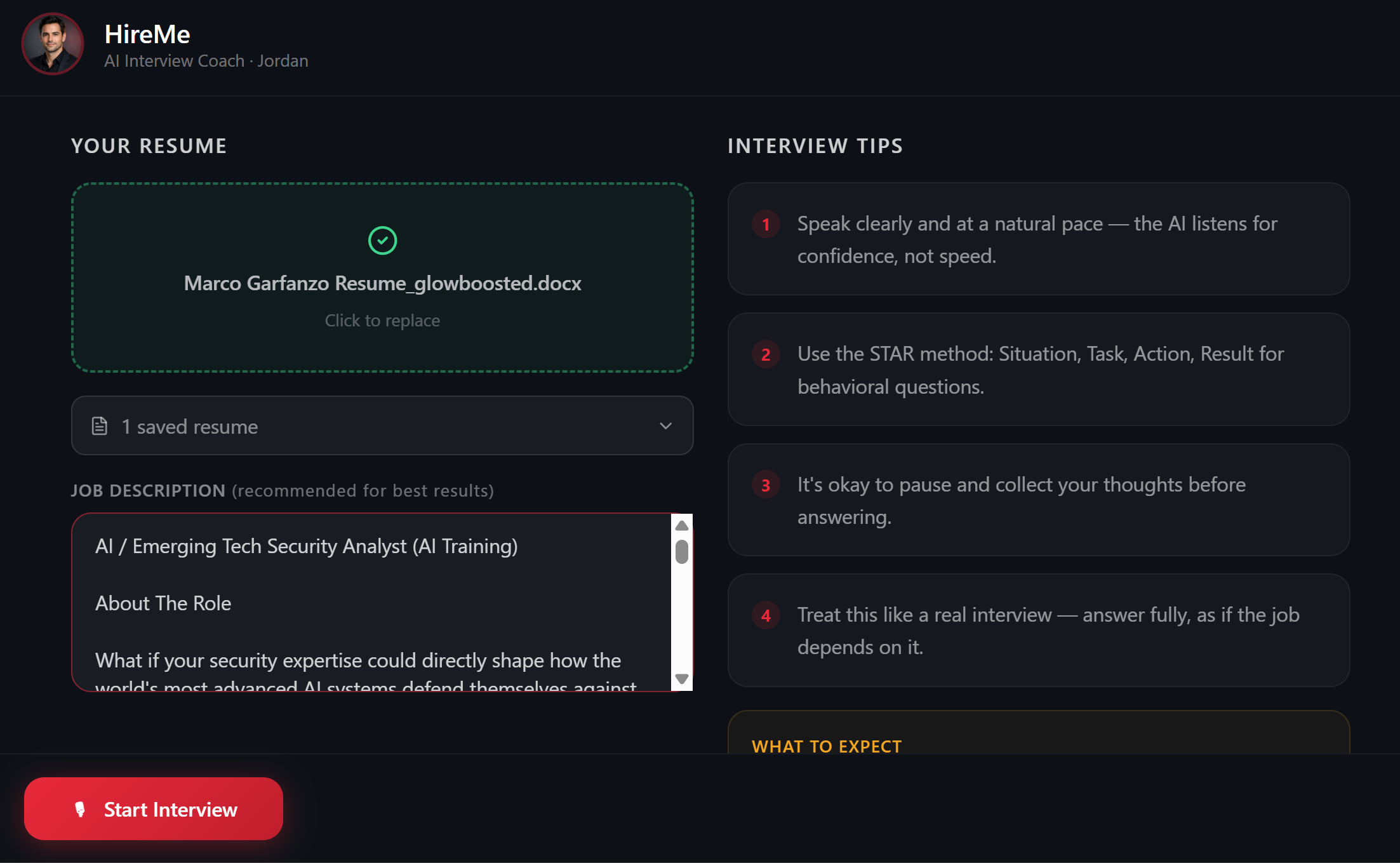 Pre-session setup — choose interview type, role, and difficulty