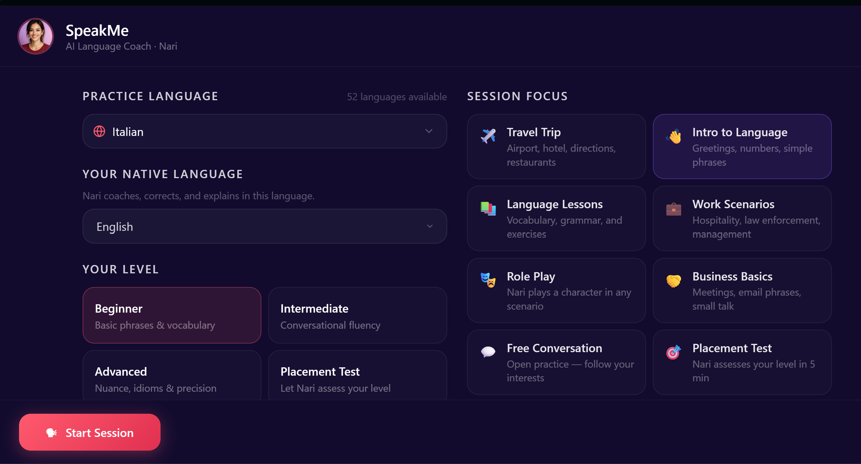 Language and proficiency level selection for personalized learning path