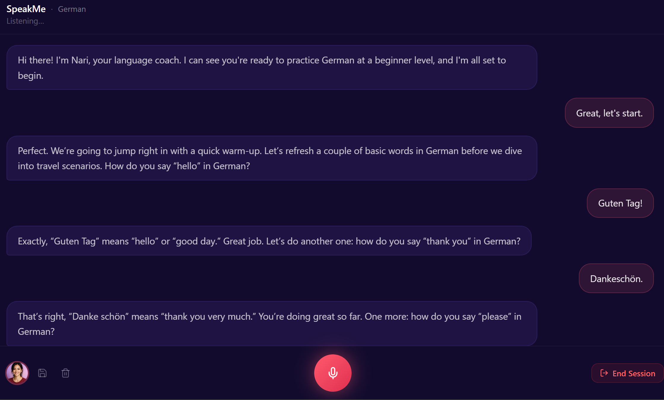 SpeakMe dashboard with current session and progress tracking